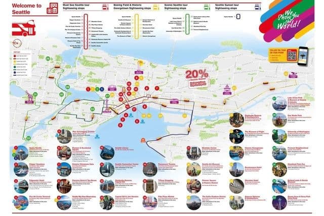 Mapa dos passeios de ônibus Seattle Hop On Hop Off