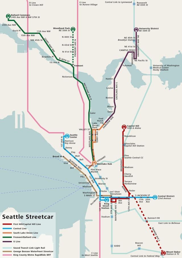 Mapa das estações de eléctrico de Seattle