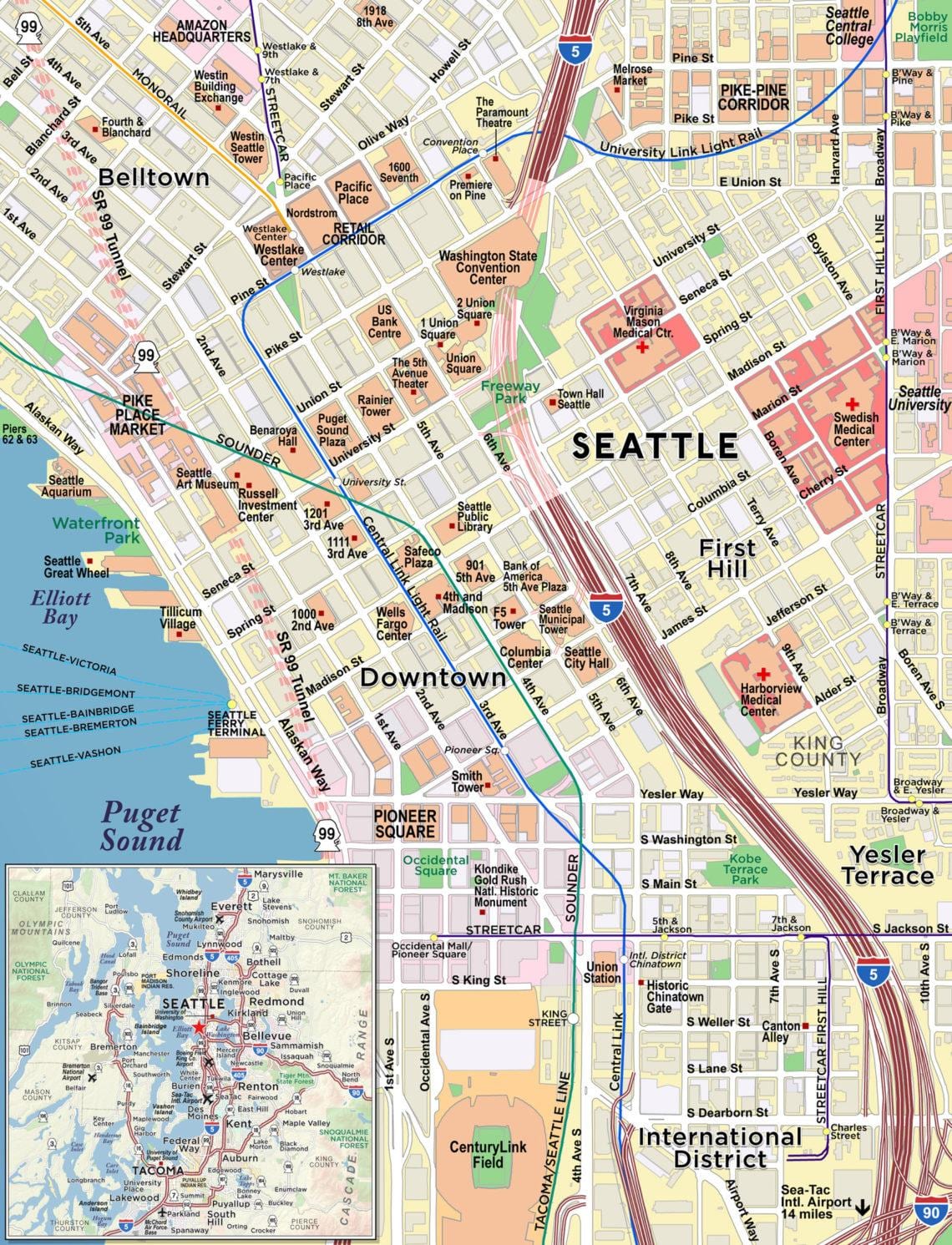Mapa do centro da cidade de Seattle
