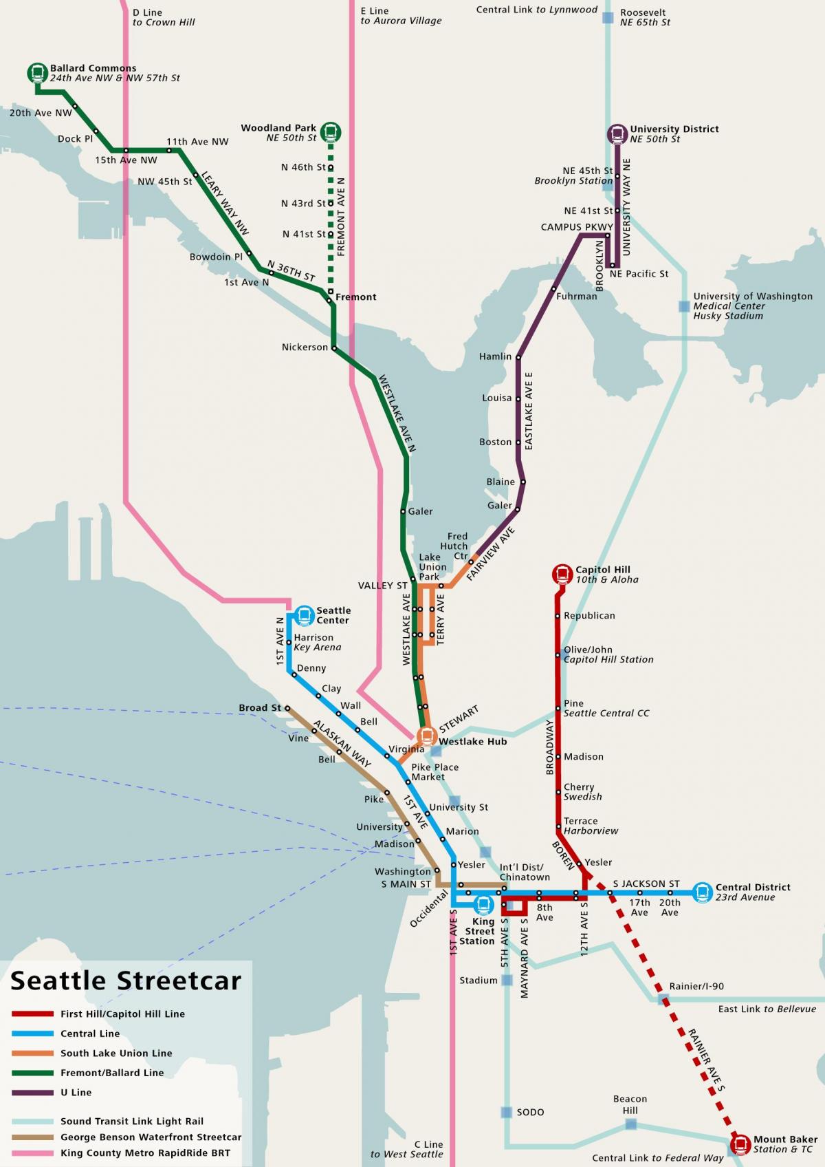 Mapa das estações de eléctrico de Seattle