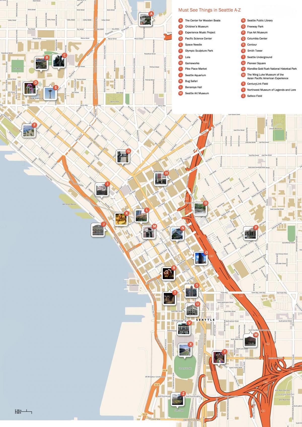 Mapa dos passeios a pé em Seattle