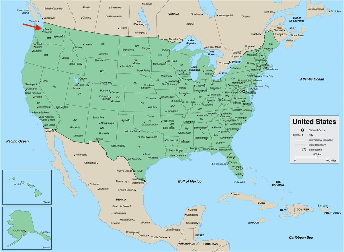 Seattle no mapa de Washington - EUA
